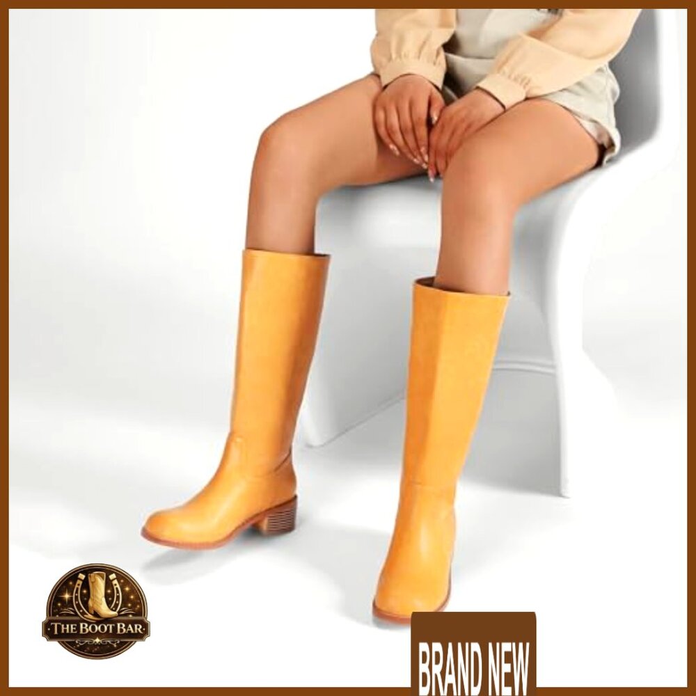 Knee High Boots Wide Calf Square Toe Platform Chunky Heel Comfortable - Picture 2 of 7